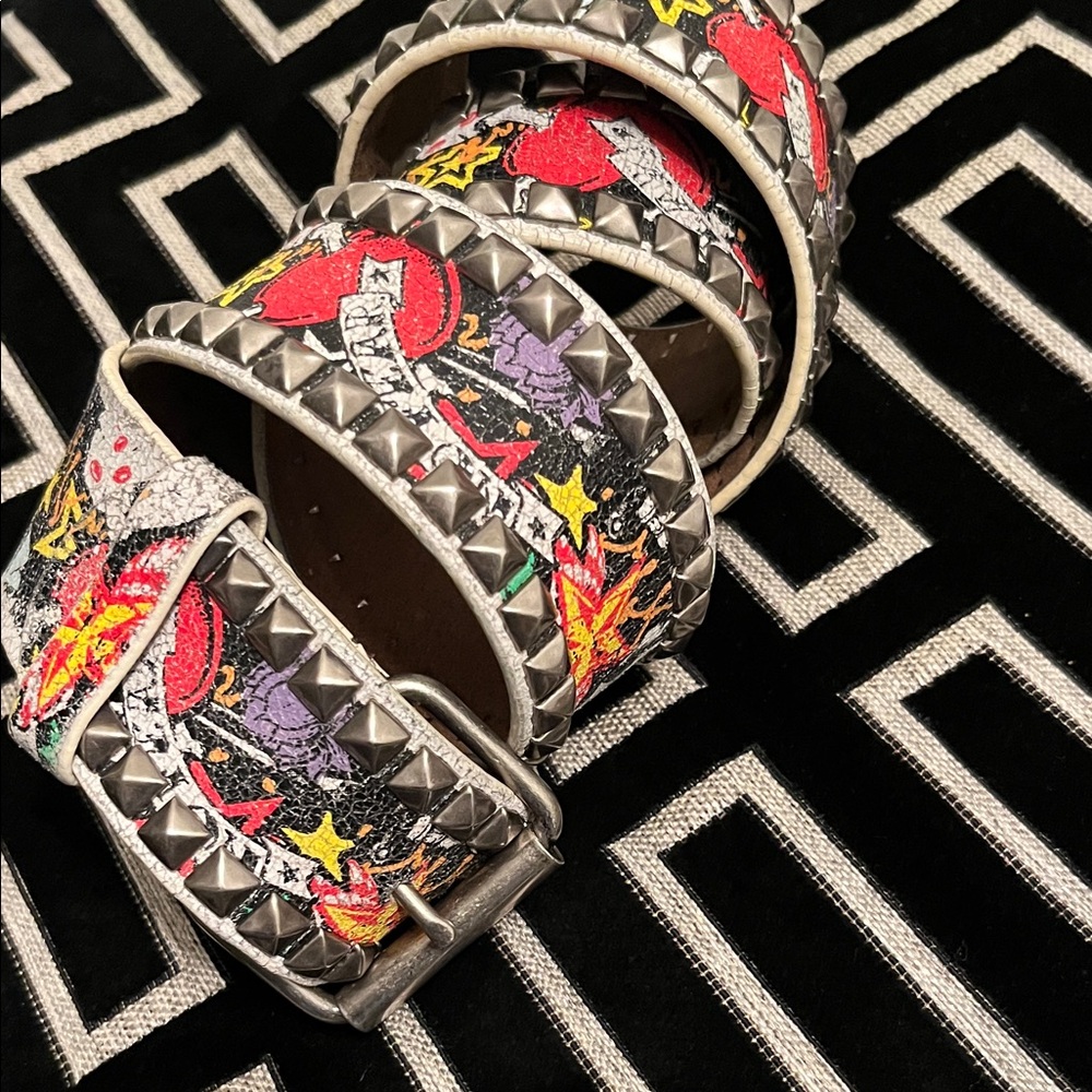 Vintage Belt by “RED” Black Leather Studded Belt with Graphics